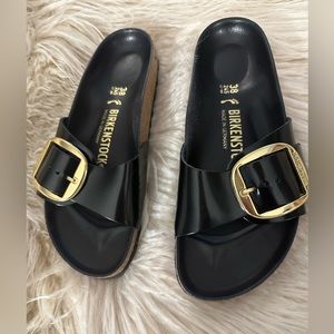 EUC Birkenstock Black Patent Leather Madrid Big Buckle Sandal Size 38